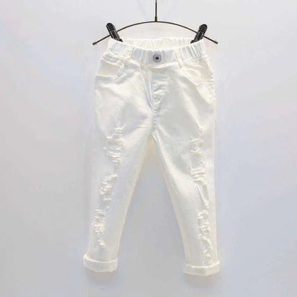 Baby Boy White Denim Jeans Pants Spring Autumn Children's Ripped Trousers Kids Broken Pants Solid Toddler Leggings 2-7 Years 210927