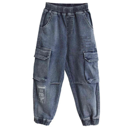 Trendy Jeans for Boys Kids Autumn Children's Clothing Soft Jeans Loose Denim Pants Big Pocket Cargo Pant Hip Hop Boys Trousers G1220