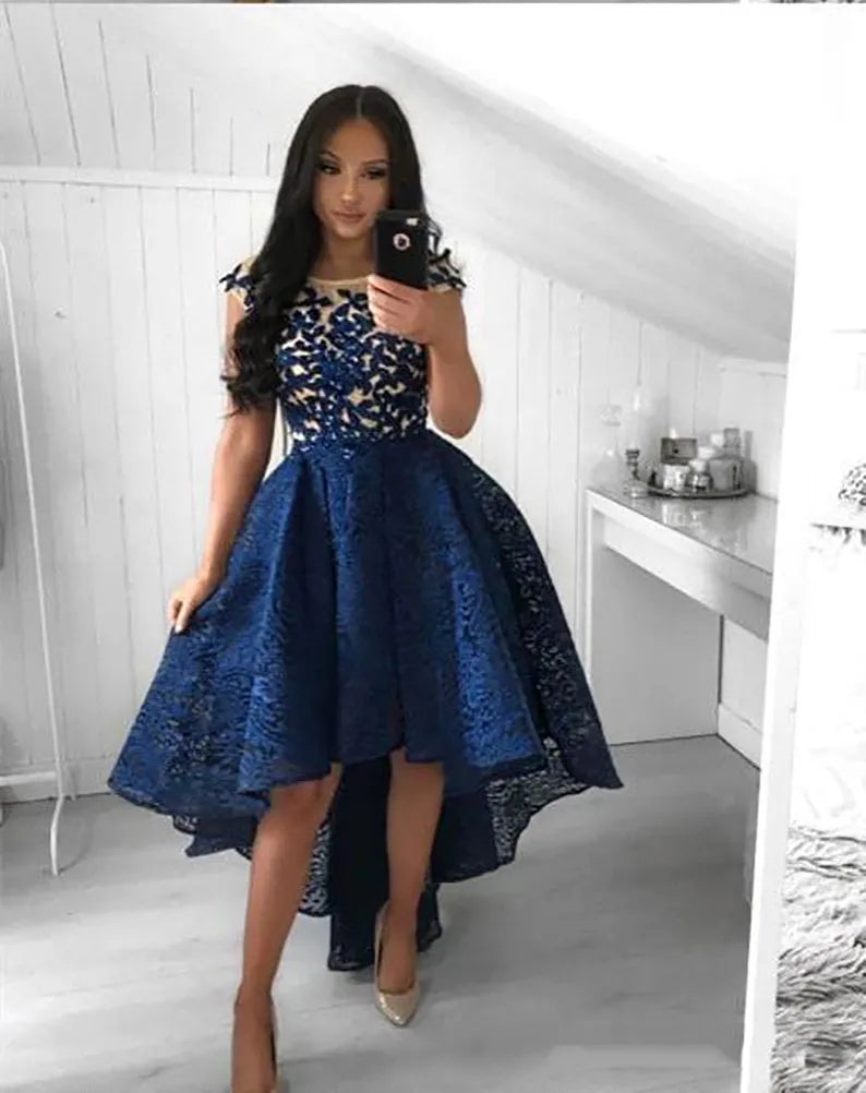 Vintage Navy Blue Lace Cocktail Dresses Neck High Low Short Party Prom Gowns Homecoming Dresses Arabic Vestidos Evening Dresses