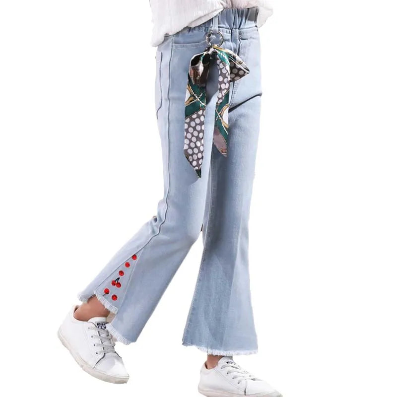 Jeans Kids Girls Lace Ruffle Flare For Teenage Children Elastic Waist Denim Pants Bell Bottoms Trouser Leggings