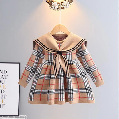 Great Quality Baby Girls Knitted Plaid Sweaters Dresses Spring Autumn Girl Long Sleeve Princess Dress Kids College Style Knitting Dress 2-7 Years