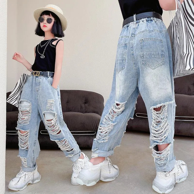 Trousers Korean Blue Jeans Pants Baby Girls Toddler Kids Clothes Denim Bottoms Harem Ripped Holes Distressed Capris 4 To 16 Yrs