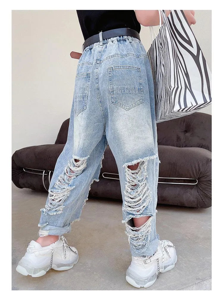 Trousers Korean Blue Jeans Pants Baby Girls Toddler Kids Clothes Denim Bottoms Harem Ripped Holes Distressed Capris 4 To 16 Yrs