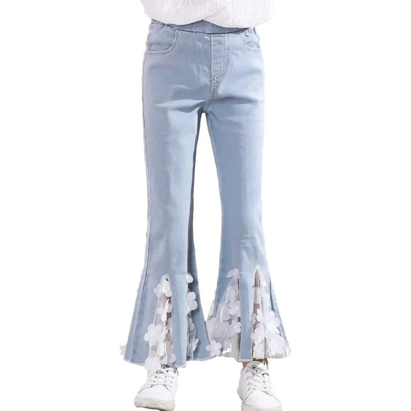 Jeans Kids Girls Lace Ruffle Flare For Teenage Children Elastic Waist Denim Pants Bell Bottoms Trouser Leggings