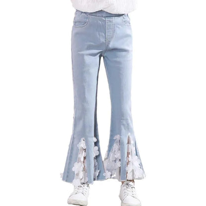 Jeans Kids Girls Lace Ruffle Flare For Teenage Children Elastic Waist Denim Pants Bell Bottoms Trouser Leggings