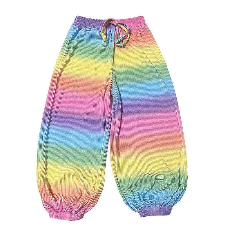 Teen Girls Casual Harem Pants Summer Anti-Mosquito Loose Fashion Rainbow Child Cool Trousers 6 8 10 12 14 Years 211103