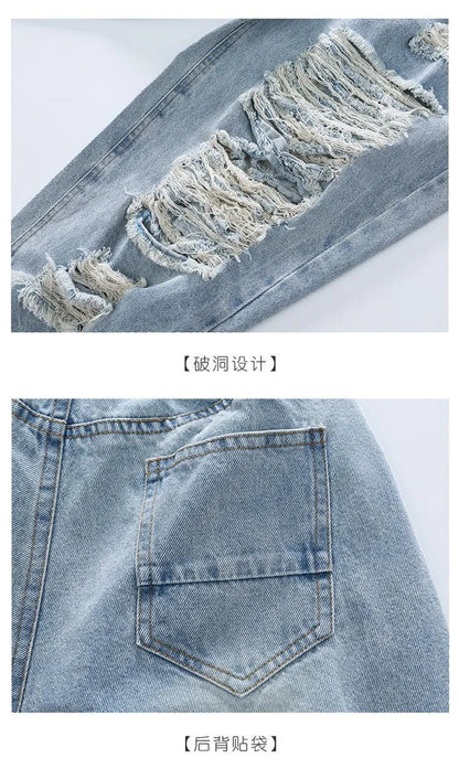 Trousers Korean Blue Jeans Pants Baby Girls Toddler Kids Clothes Denim Bottoms Harem Ripped Holes Distressed Capris 4 To 16 Yrs