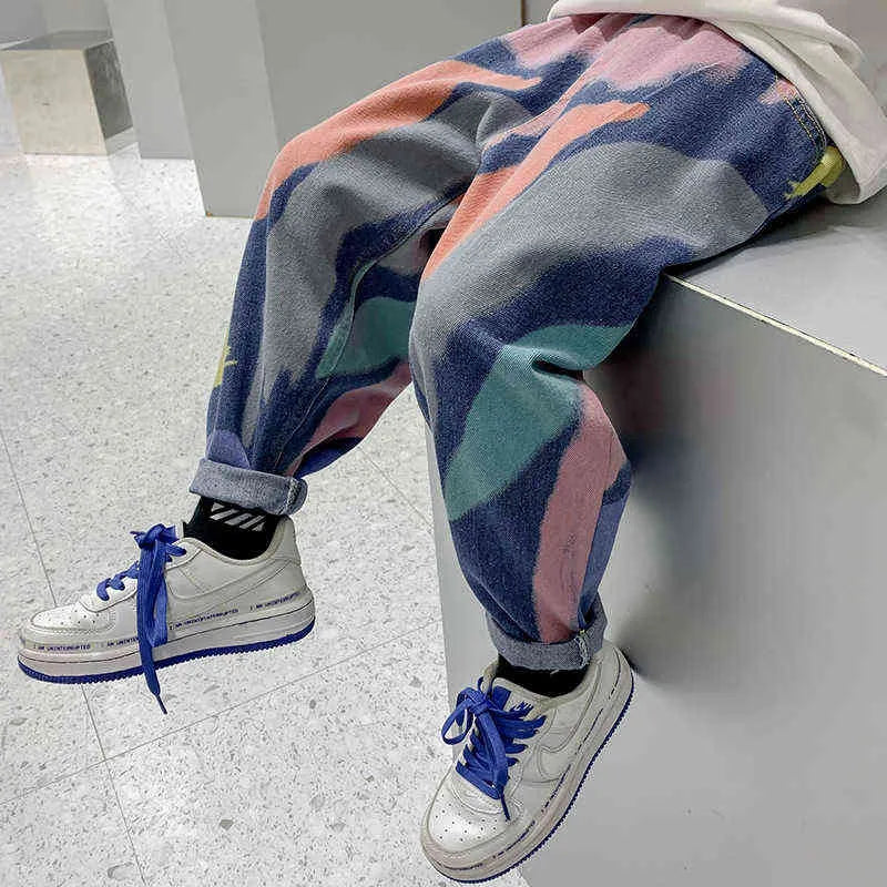 Boys Casual Jeans Trousers Spring Autumn Denim Pants Teen Boy Print Elastic Waist Pants Kids Children Loose Bottoms Clothing G1220