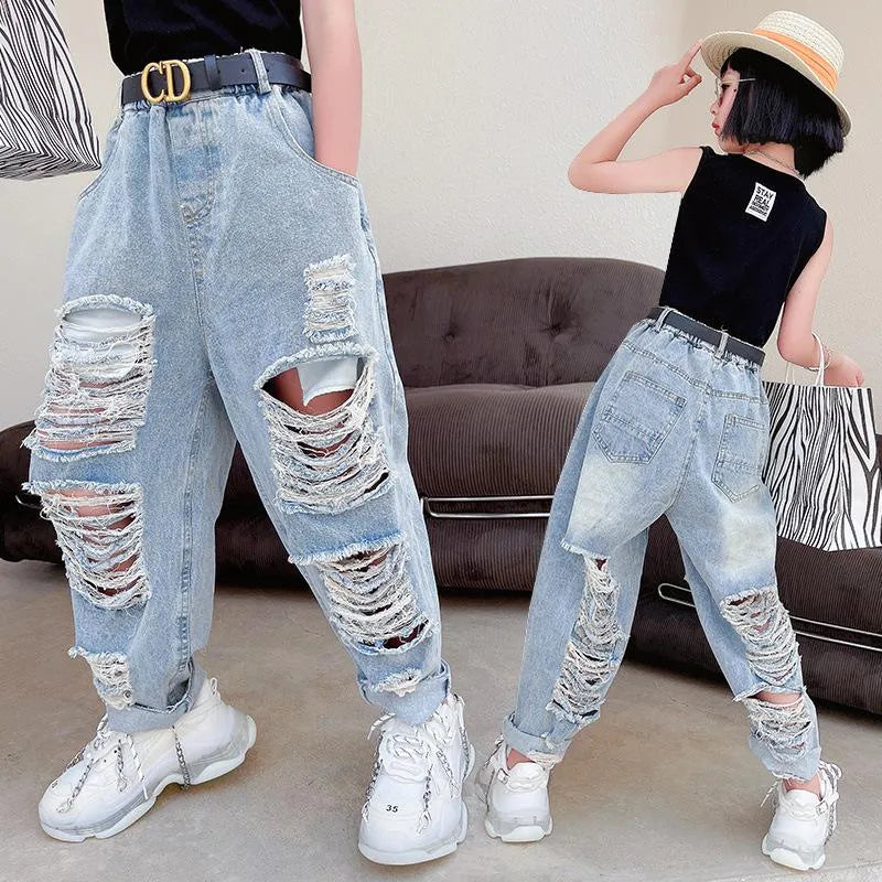 Trousers Korean Blue Jeans Pants Baby Girls Toddler Kids Clothes Denim Bottoms Harem Ripped Holes Distressed Capris 4 To 16 Yrs