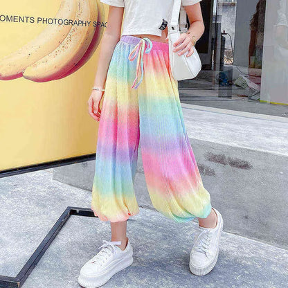 Teen Girls Casual Harem Pants Summer Anti-Mosquito Loose Fashion Rainbow Child Cool Trousers 6 8 10 12 14 Years 211103