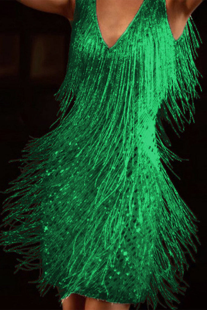 sealbeer Fashion Elegant Solid Tassel Patchwork V Neck Evening Dress Dresses(4 Colors)