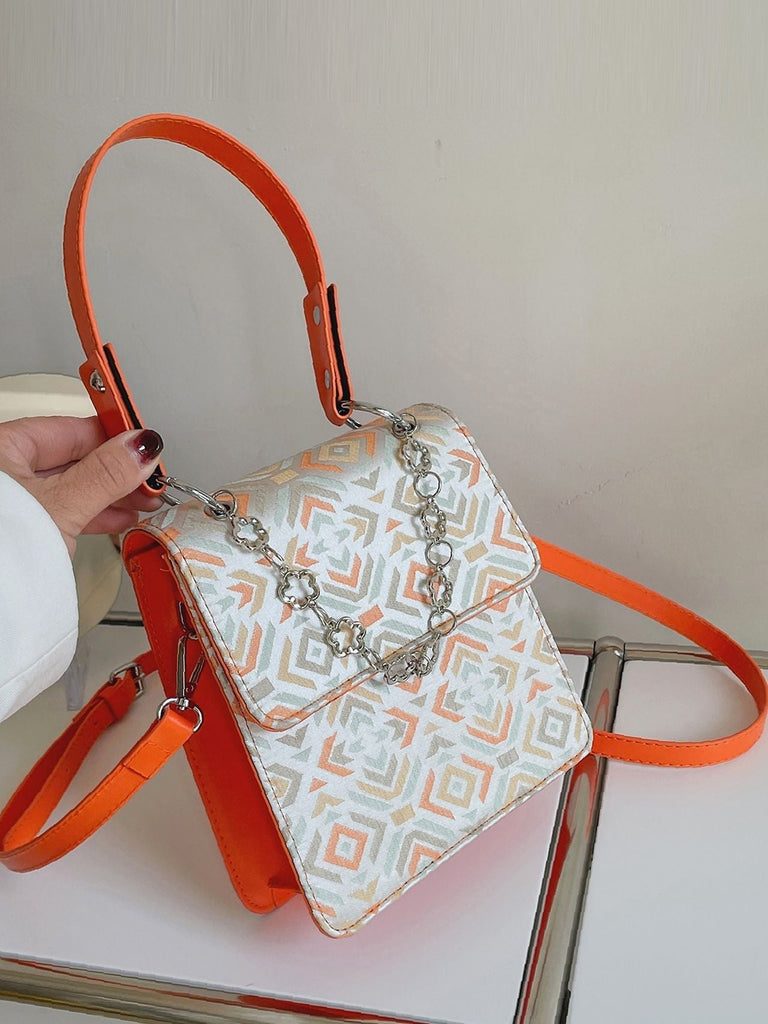 Geometric Print Chain Decor Flap Square Bag  - Women Satchels