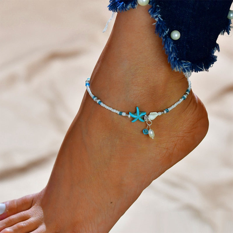 Fashion Chic Starfish Conch Pendant Green Beaded Anklet Bohemian Summer Ocean Beach Bracelet Anklet Gift For Women