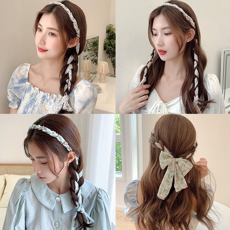 Summer Floral Print Long Ribbon Hairband Pearl Braided Headband Streamers Hair Hoop For Girls Korea Sweets Hair Accessories