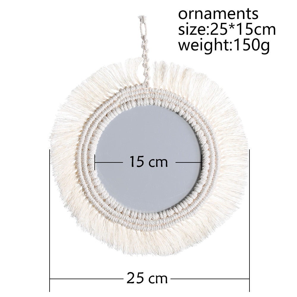 Hanging Wall Decorative Mirror With Macrame Fringe Round Boho Home Decor for Apartment Living Room Bedroom Baby Nursery Decor