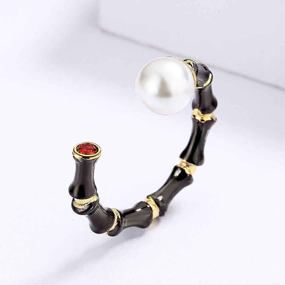 CIZEVA Original Design Bamboo Shape Nature Freshwater Pearls Ring Exaggerated Cocktail Punk Rings for Women Tungsten Jewelry