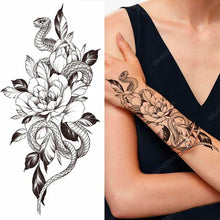 Load image into Gallery viewer, Black Flower Rose Waterproof Temporary Bird Snake Sexy Body Arm Leg Gem Henna Tattoo Fashion Big Fake Sleeve Sticker