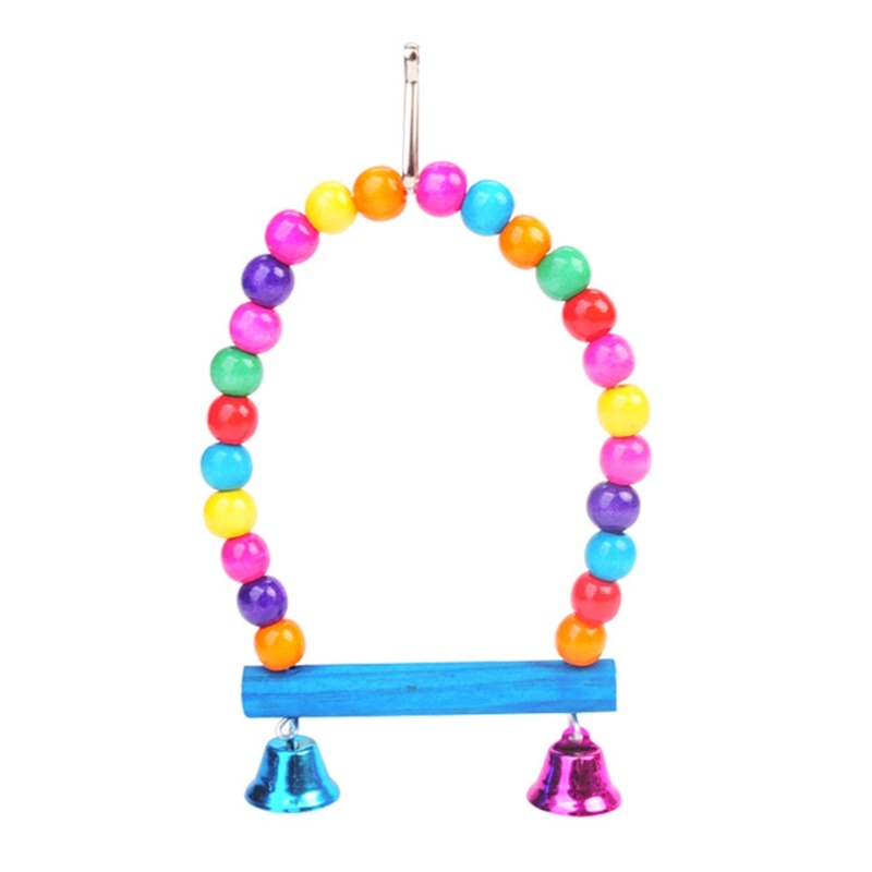 Natural Wooden Parrots Swing Toy Birds Perch Hanging Cage with Colorful Beads Bells Pet Supplies PXPC