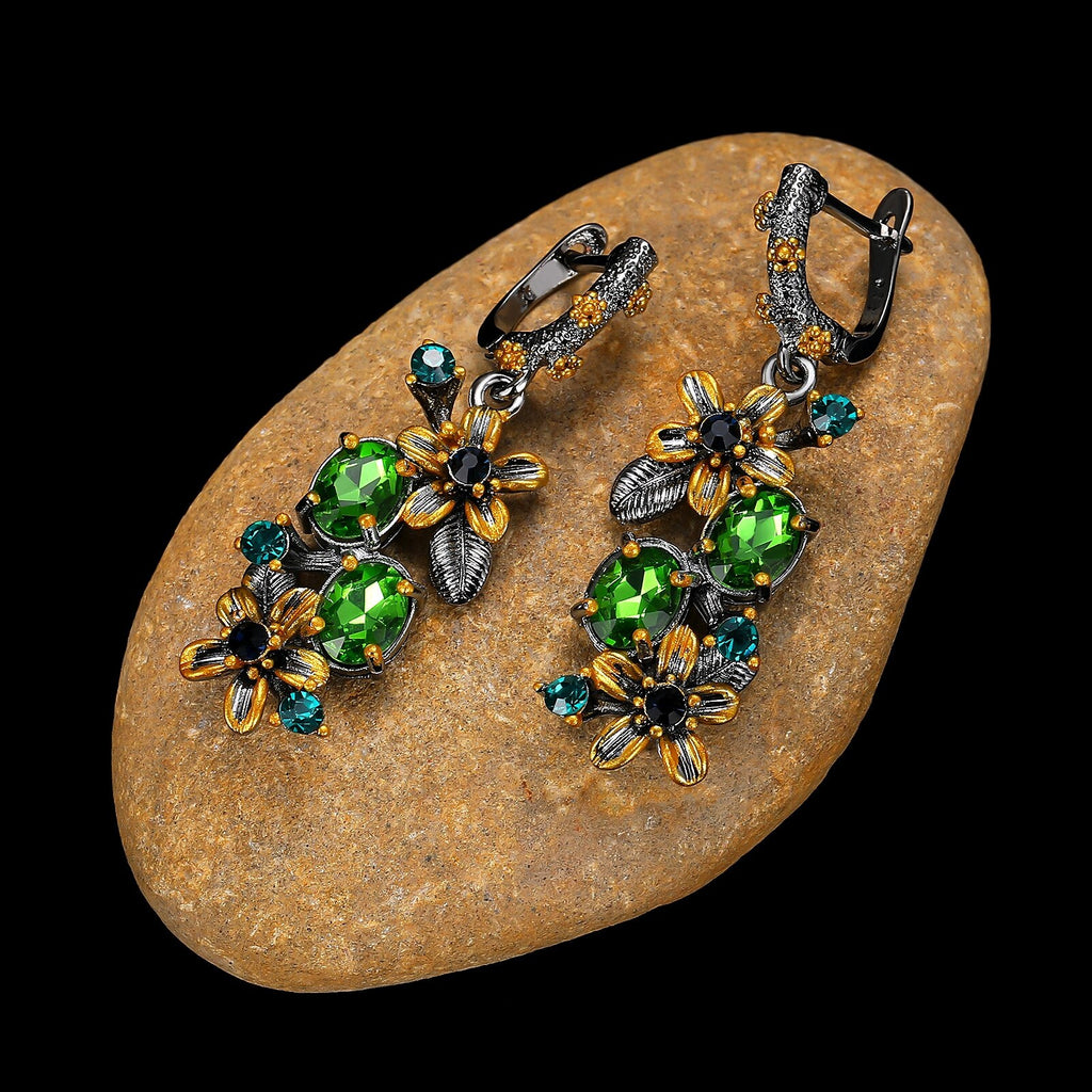 CIZEVA Exquisite Stunning Green CZ  Earrngs Golden Color Drop Earring Women Flower Jewelry Vintage Italian Jewelry 2021 New