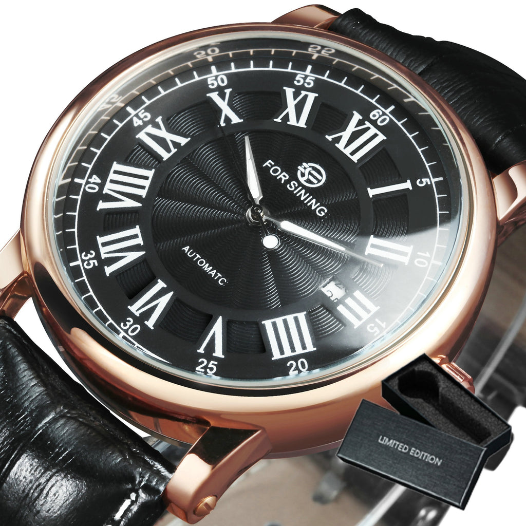 Man Watch Mechanical Automatic Watch Men Luxury Retro Roma Classic Black Leather Band Calendar Watches Relogio Masculino