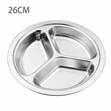Load image into Gallery viewer, Stainless Steel Dinner Plate 3 Sections Round Divided Dish Children Fruit Snack Tray Baby Bowls Kitchen Tableware Dia 22/24/26cm