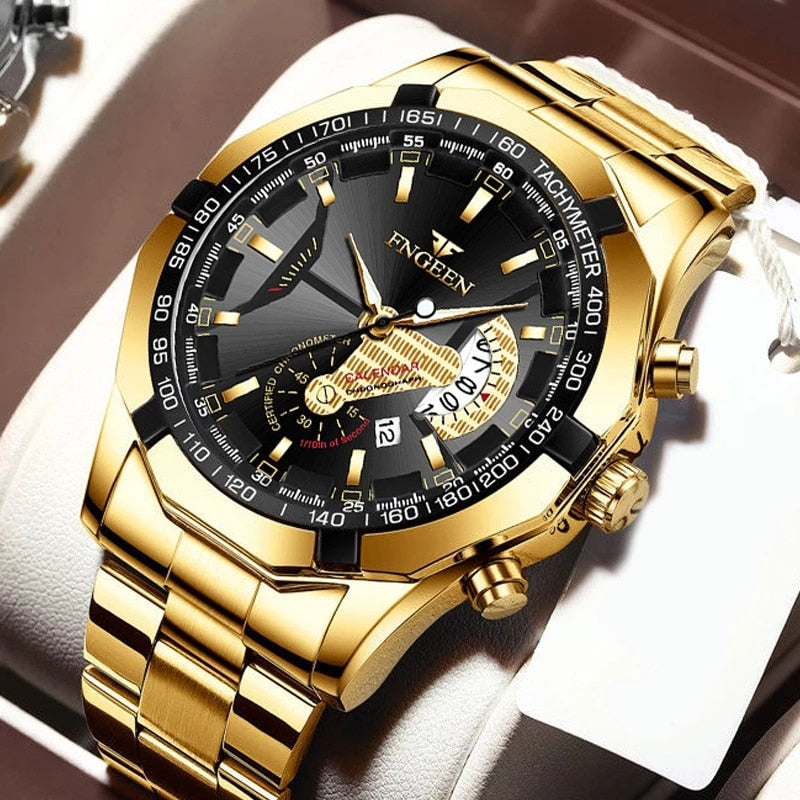 FNGEEN Luxury Men&#39;s Watches Stainless Steel Band Fashion Waterproof Quartz Watch For Man Calendar Male Clock Reloj Hombre S001