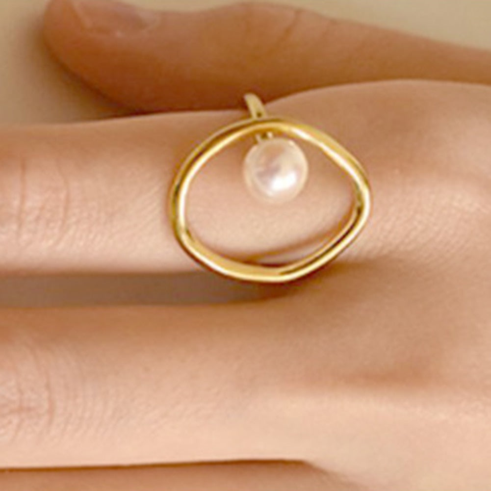 Vintage Women Korean Gold Pearl Charm Finger Irregular Ring Open Adjustable Elegant Women Wedding Anniversary Gift