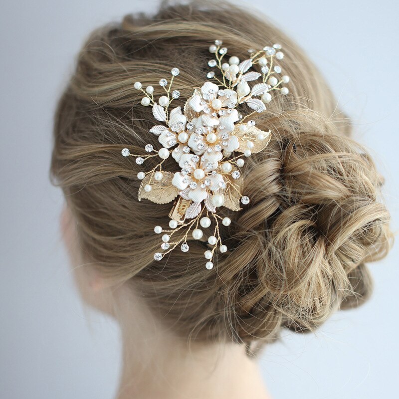 Trendy Flower Wedding Hair Accessories Pearl Rhinestone Hairpin Headdress Handmade Bridal Tiara Jewelry Woman Prom Hair Jewelry