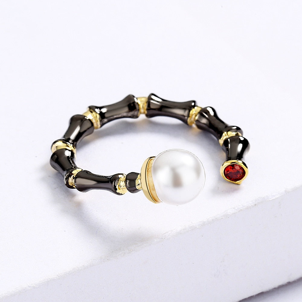 CIZEVA Original Design Bamboo Shape Nature Freshwater Pearls Ring Exaggerated Cocktail Punk Rings for Women Tungsten Jewelry
