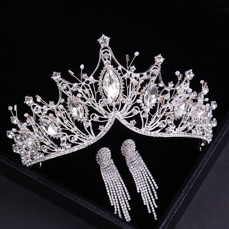 Baroque Luxury Silver Color Crystal Bridal Tiaras Crown With Earrings Rhinestone Pageant Diadem Wedding Hair Accessories Bijoux