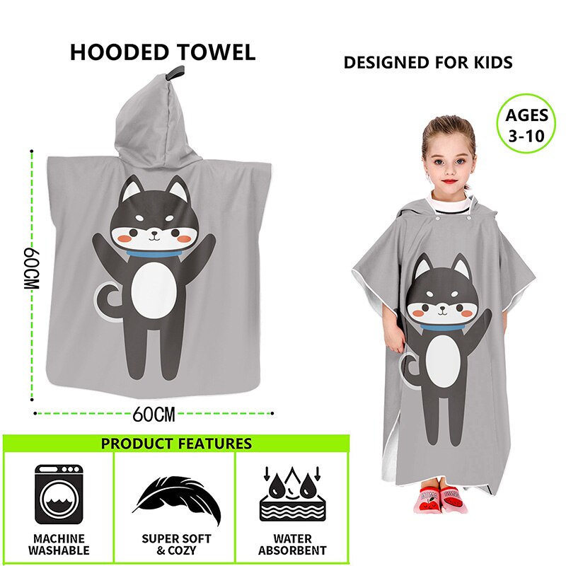 Child Hooded Bath Towel Cartoon Animals Printing Kids Beach Changing Robe Quick-dry Double-sided Fleece Microfiber Poncho Towel