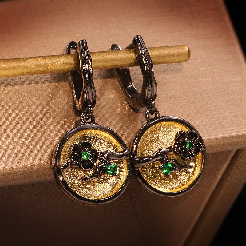 CIZEVA Retro Black Gold Color Branch Plum Blossom CZ Earrings for Women Elegant  Color Wedding Dangle Earrings