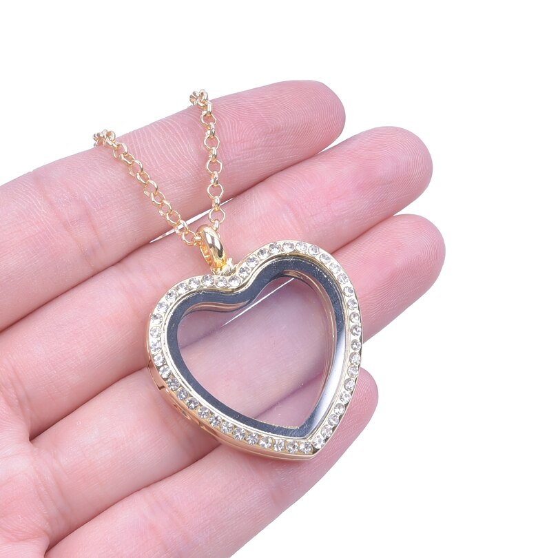 Heart Locket Pendant Necklace For Women Men Accessories Rhinestone Floating Lockets Charm Necklaces Fashion Jewelry Gift 3 Color
