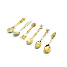 Load image into Gallery viewer, 6pcs Vintage Spoons Fork Cutlery Set Mini Royal Style Metal Gold Carved Teaspoon Coffee Snacks Fruit Dessert Fork Kitchen Tool