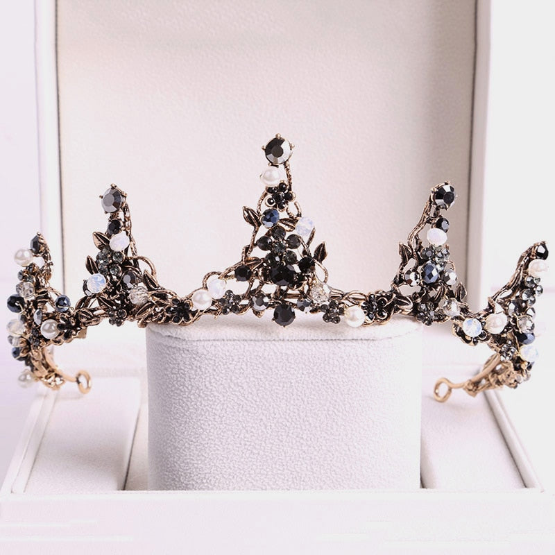 Baroque Black Crystal Big Round Bridal Tiaras Crowns Pageant Prom Diadem Rhinestone Veil Tiara Headband Wedding Hair Accessories