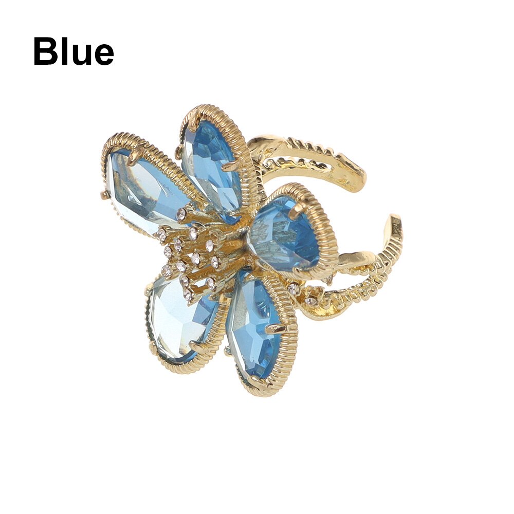 Fashion Big Crystal Flower Rings Individuality Floral Opening Rings For Famale Party Adjustable Finger Jewelry Gifts