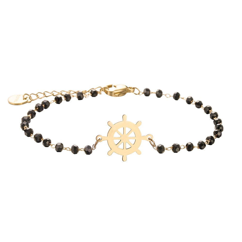 Rose Gold Clover Stainless Steel Charm Bracelets Women&#39;s Black Crystal Beads Chain Bracelet Fashion Jewelry Joyas de mujer