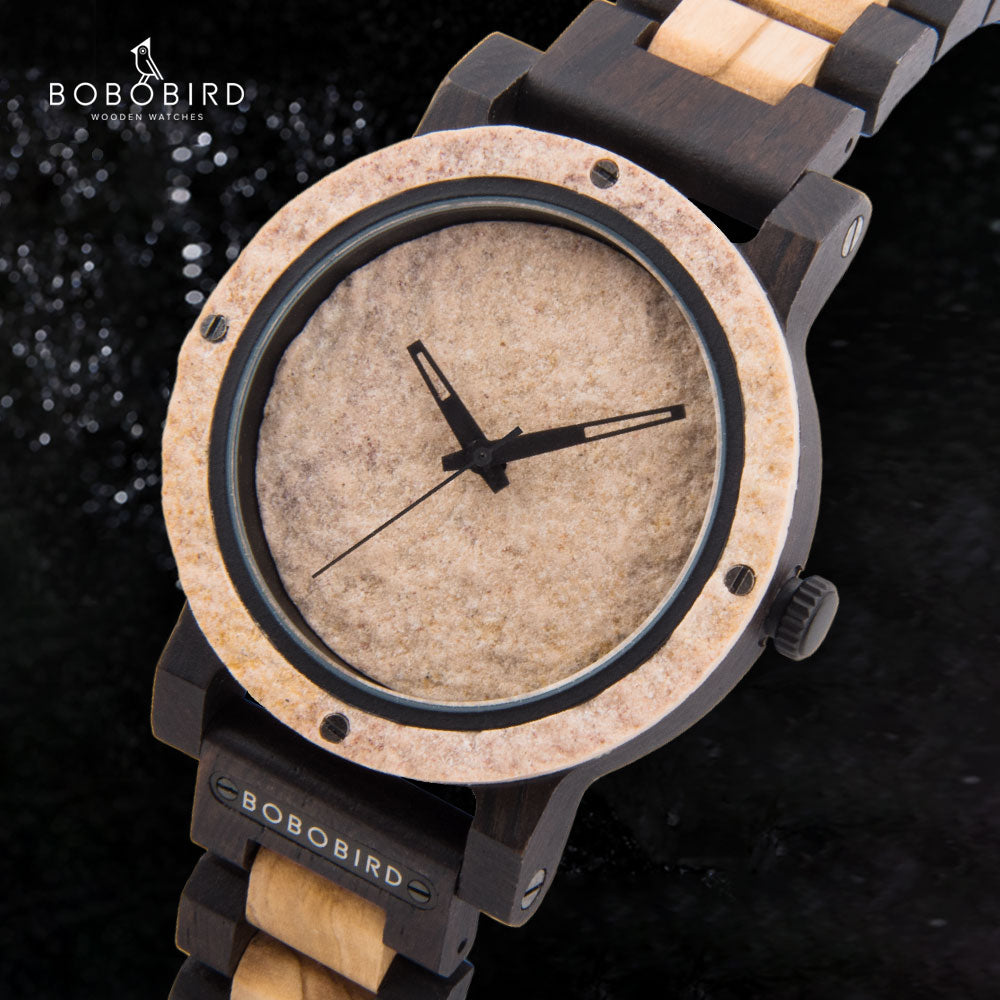 BOBOBIRD High Quality Rock Watches Natural Stone Watch Men Wooden Strap Top Japanese Quartz Movement Handmade Wristwatch For Man