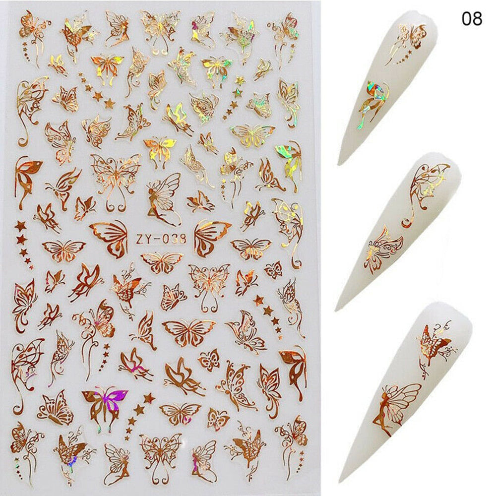 1pc Holographic 3D Butterfly Nail Art Stickers Adhesive Sliders Colorful DIY Golden Nail Transfer Decals Foils Wraps Decorations