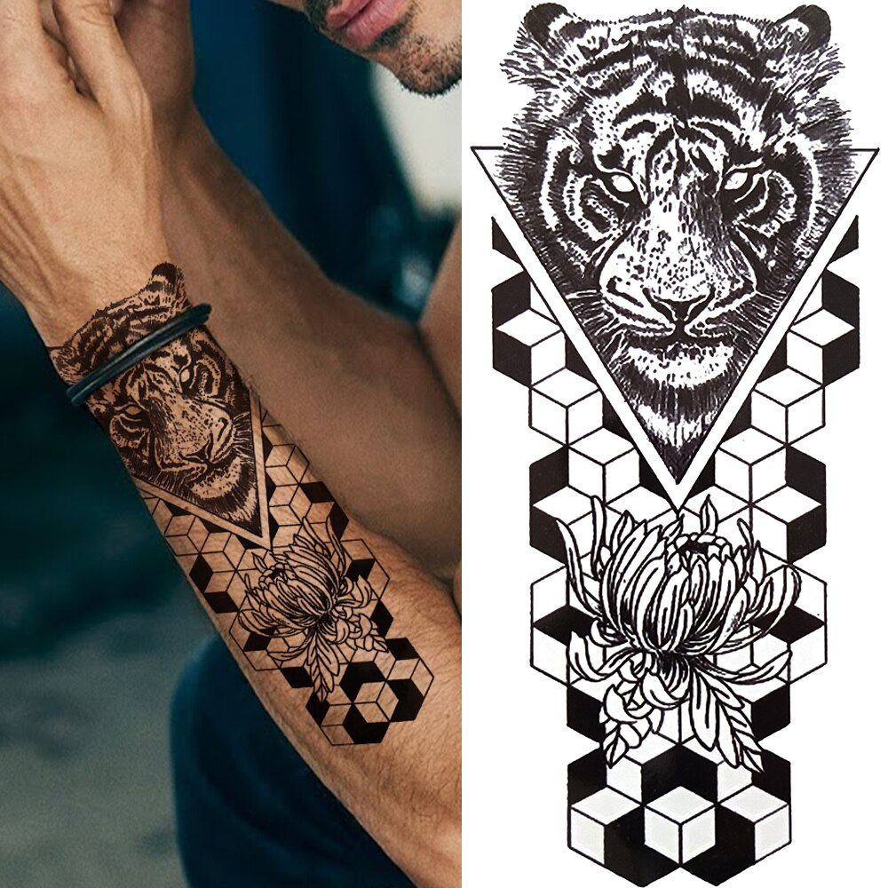 Clock Flower Tattoo Sticker Fake Tiger Lion Deer Snake Temporary Tattoo For Women Kids Black Evil Skull Tribal Totem Tatoo Paper