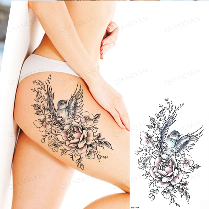 Black Flower Rose Waterproof Temporary Bird Snake Sexy Body Arm Leg Gem Henna Tattoo Fashion Big Fake Sleeve Sticker