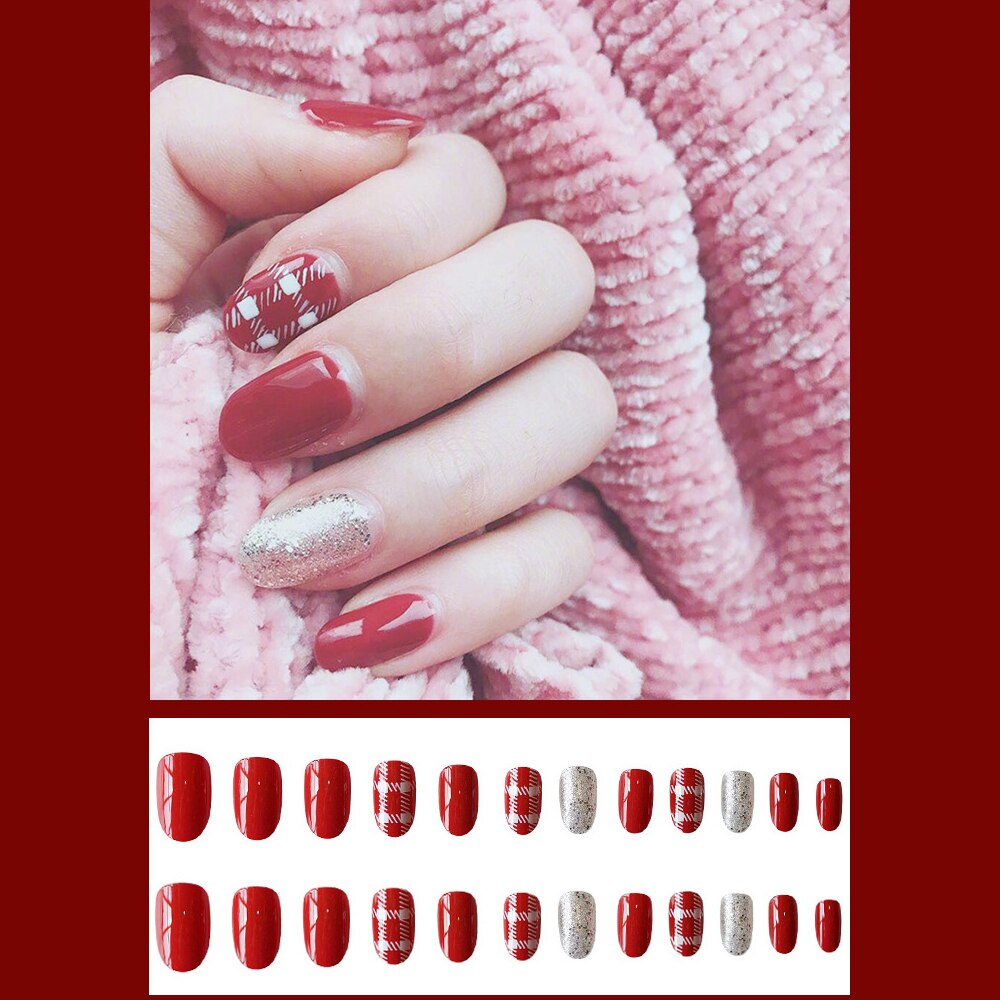 24pcs Red Matte Glitter Pink False Nail Design Short Fake Nail Wine Red Frosted Press On Nails Love Pattern Nail Art Beauty