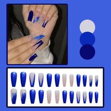 Load image into Gallery viewer, 24pcs Matte Fake Nails Extra Long Ballerina Coffin Dark Blue Colorful Rhinestone Decals False Nails with designs Nail Art