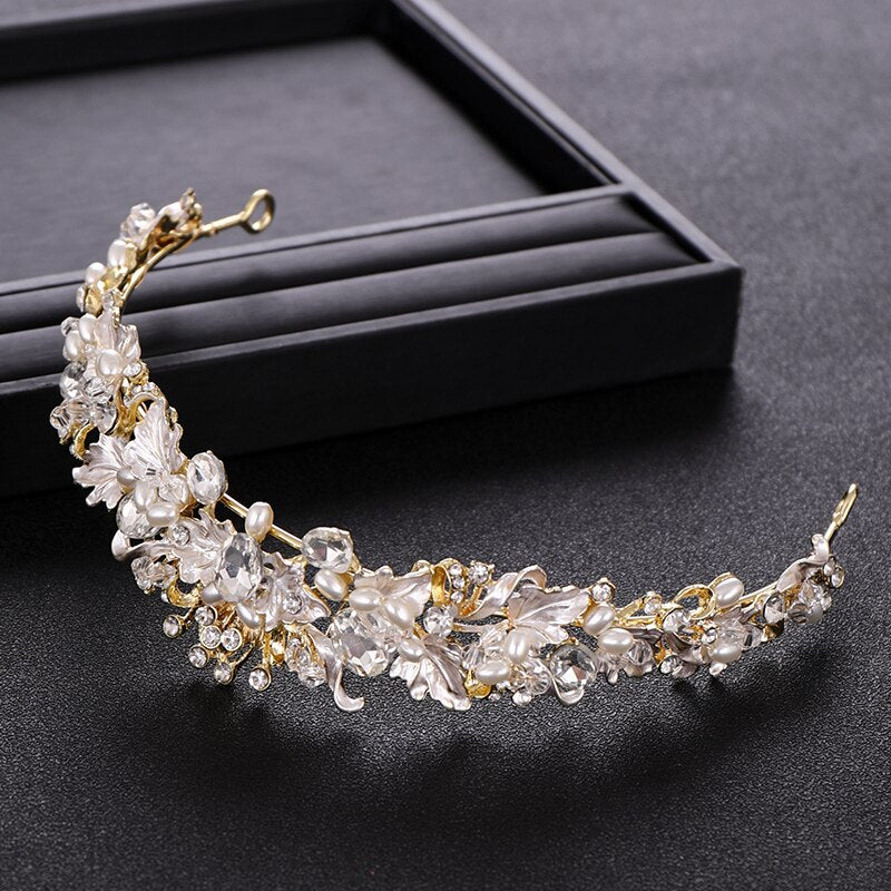 Trendy Rhinestone Pearl Crystal Crown Tiara Headband Flower Bride Hair Accessories Gold Crown Bridal Wedding Crown Hair Jewelry