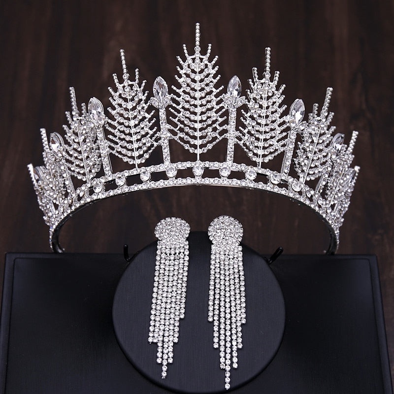 Baroque Luxury Silver Color Crystal Bridal Tiaras Crown With Earrings Rhinestone Pageant Diadem Wedding Hair Accessories Bijoux