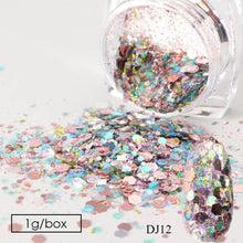Load image into Gallery viewer, 12 Colors 3D Hexagon Nail Sequins Flakes Mermaid Nail Art Glitter Powder Sparkly Pigment Polish Manicure Decorations NTDJ01-12