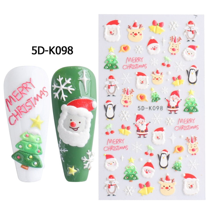 New Year Sliders for Nail Santa Claus Penguin Embossed 5D Gel Sticker Christmas Cute Birds DIY Nail Art Decorations NF5D-K101
