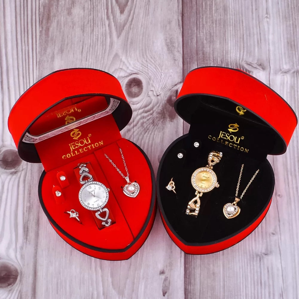 Women Bracelet Watch Set Gold Crystal Design Necklace Earrings ring Female Jewelry Set Quartz Watch Women’s Gifts For Valentine