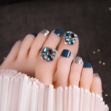 Load image into Gallery viewer, 24pcs Blue Color Japanese Summer Wearable Foot Fake Nail Short Length Paillette Faux Rhinestone Decor Finished press on toenails