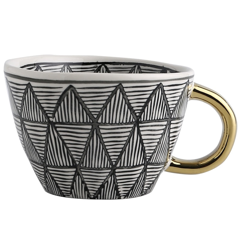 Hand Painted Geometric Ceramic Mugs With Gold Handle Handmade Irregular Cups For Coffee Tea Milk Oatmeal Creative Birthday Gifts